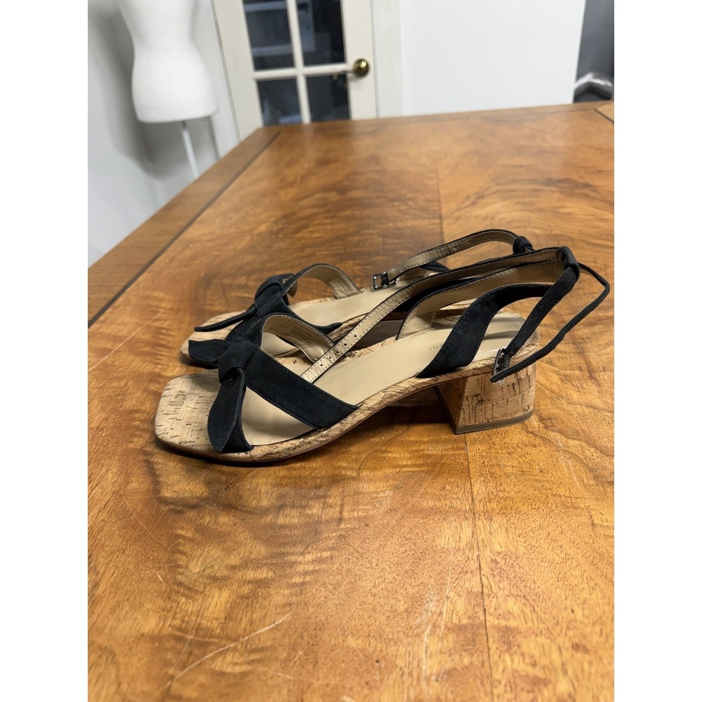 Ann Taylor Women`s 8.5 Black Suede Bow Square Toe Slingback Sandals Block Heel